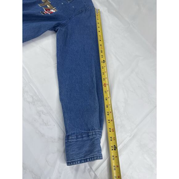 Vintage Denim Shirt Womens Large Santa Reindeer Christmas Embroidered 90s - Picture 5 of 7